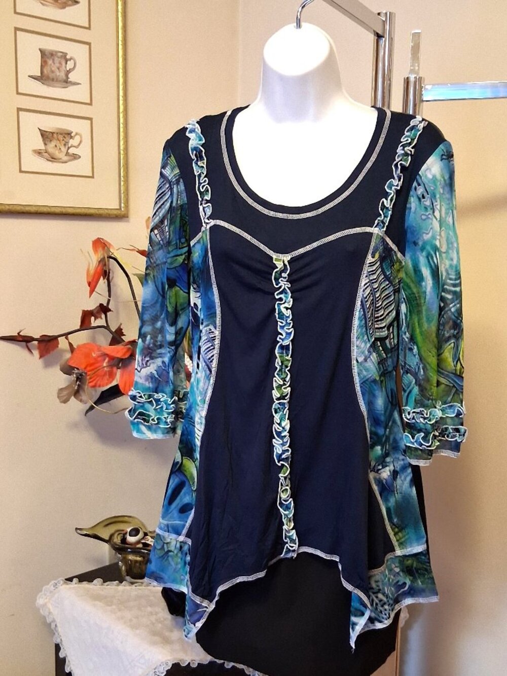 NWT Zoe Women's Navy-Blue Teal Patchwork Design Blouse ¾ Sleeve Top Size 10 M